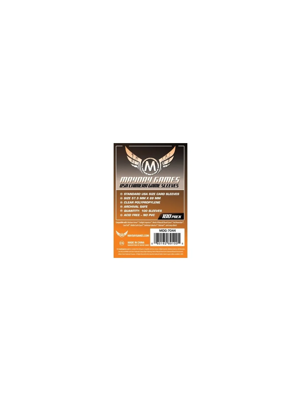 [7044] Mayday Games USA Chimera Game Sleeves Orange (Pack of 100) (57.5x89mm) de Mayday en Fundas | La Cueva Roja