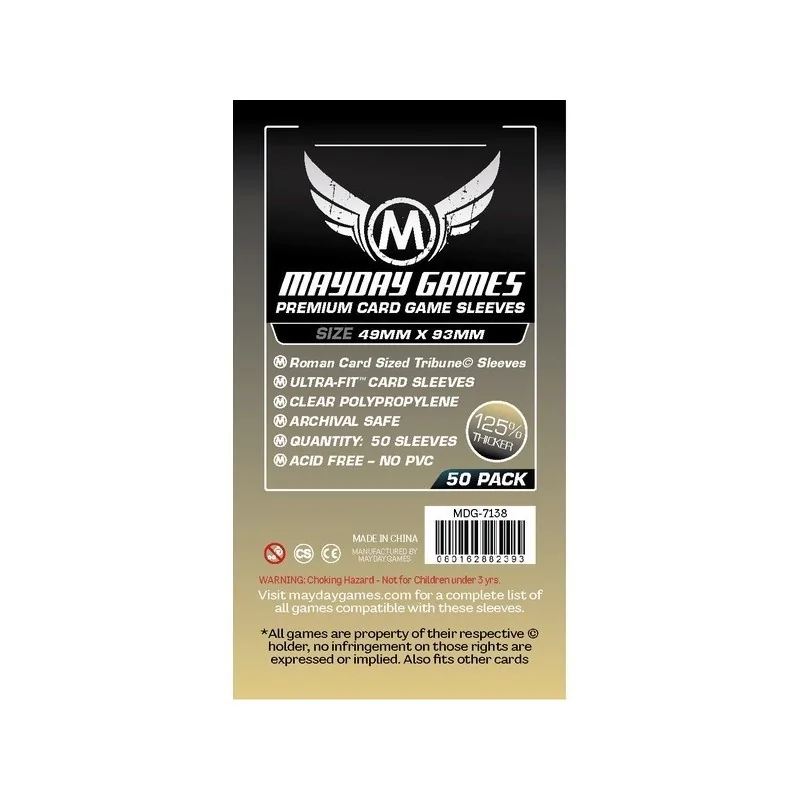 [7138] Mayday Games Premium Roman Card Sized Tribune Sleeves (Pack of 50) (49x93mm) de Mayday en Fundas | La Cueva Roja