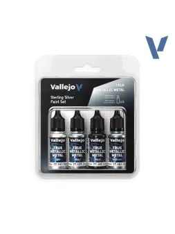 Set 4 Colores Plata de Ley True Metallic Metal Vallejo 18ml (77251) de Vallejo en True Metallic Metal | La Cueva Roja