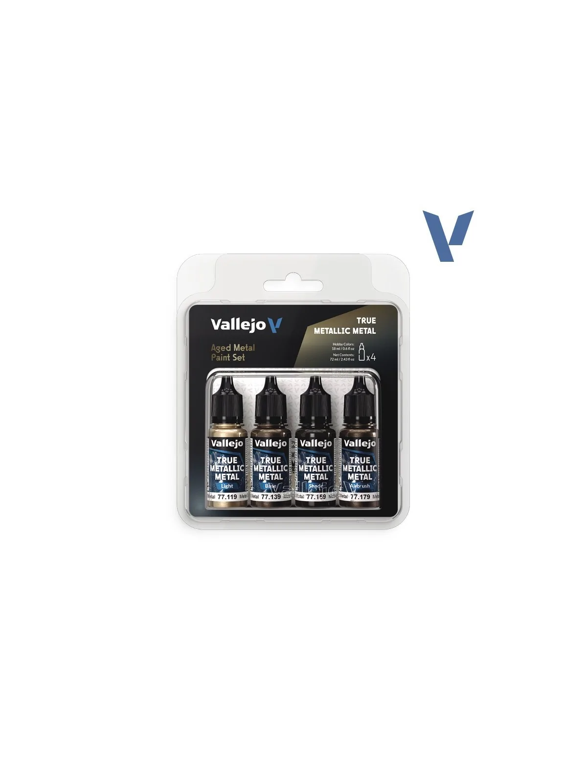 Set 4 Colores Metal Envejecido True Metallic Metal Vallejo 18ml (77258) de Vallejo en True Metallic Metal | La Cueva Roja