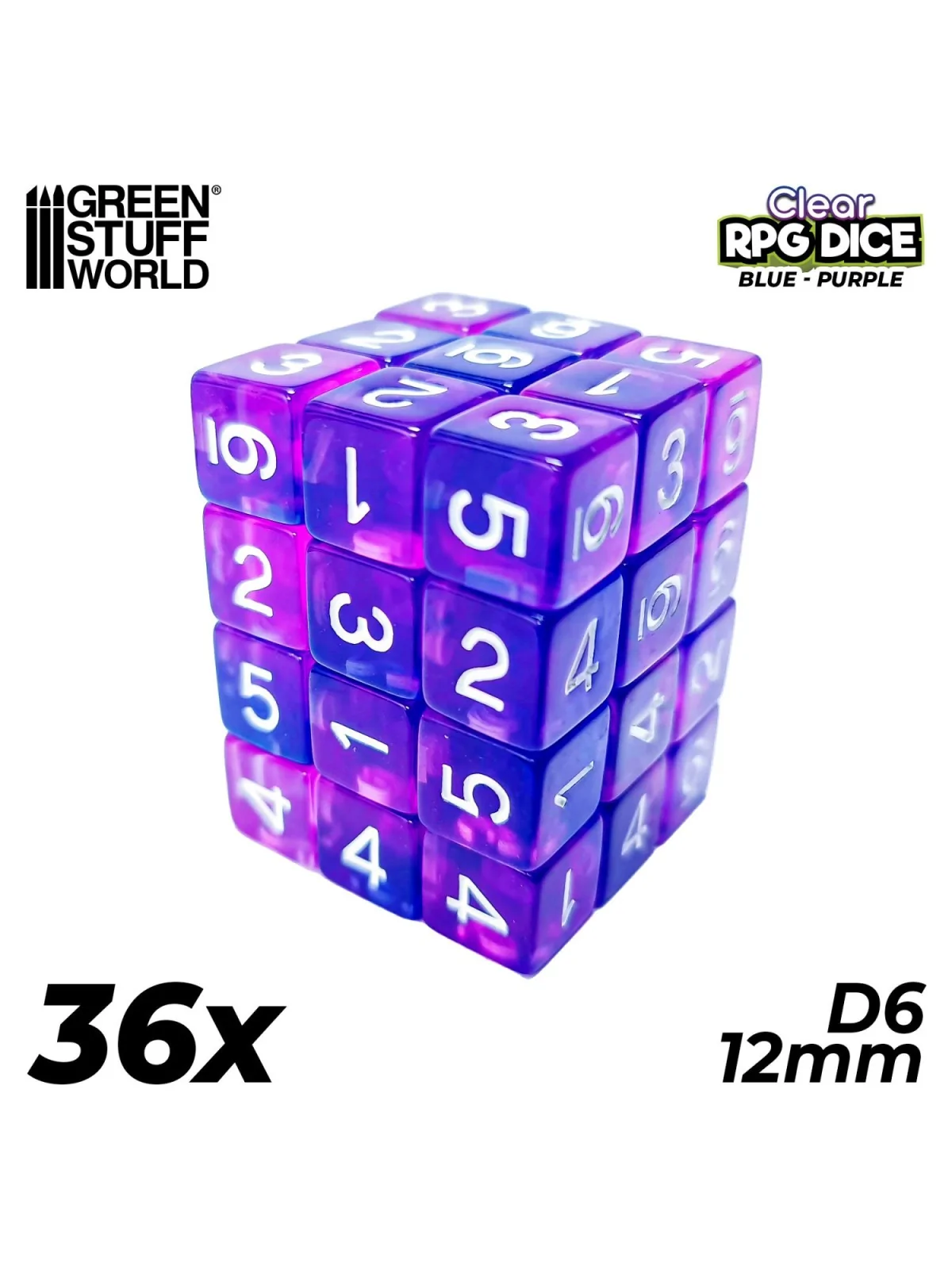 36 Dados D6 12mm: Azul/Lila Transparente de Green Stuff World en Dados | La Cueva Roja