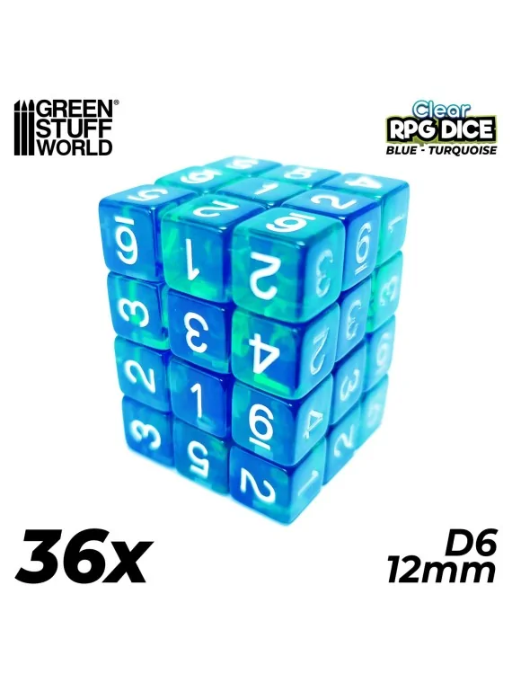 36 Dados D6 12mm: Azul/Turquesa Transparente de Green Stuff World en Dados | La Cueva Roja