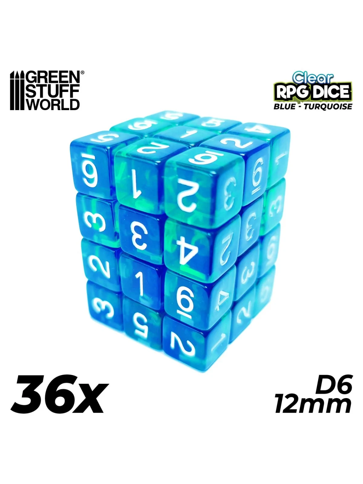 36 Dados D6 12mm: Azul/Turquesa Transparente de Green Stuff World en Dados | La Cueva Roja