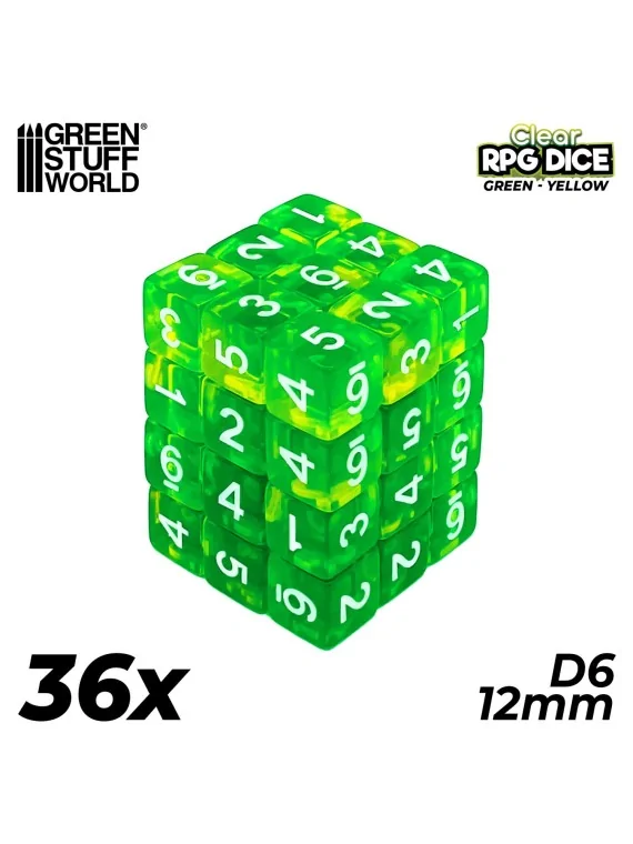 36 Dados D6 12mm: Verde/Amarillo Transparente de Green Stuff World en Dados | La Cueva Roja
