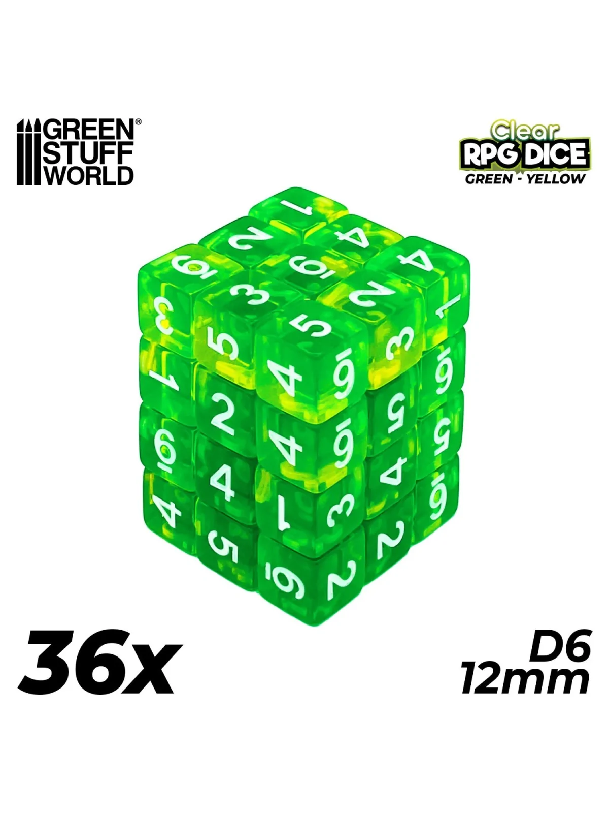 36 Dados D6 12mm: Verde/Amarillo Transparente de Green Stuff World en Dados | La Cueva Roja