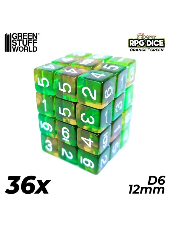 36 Dados D6 12mm: Naranja/Verde Transparente de Green Stuff World en Dados | La Cueva Roja