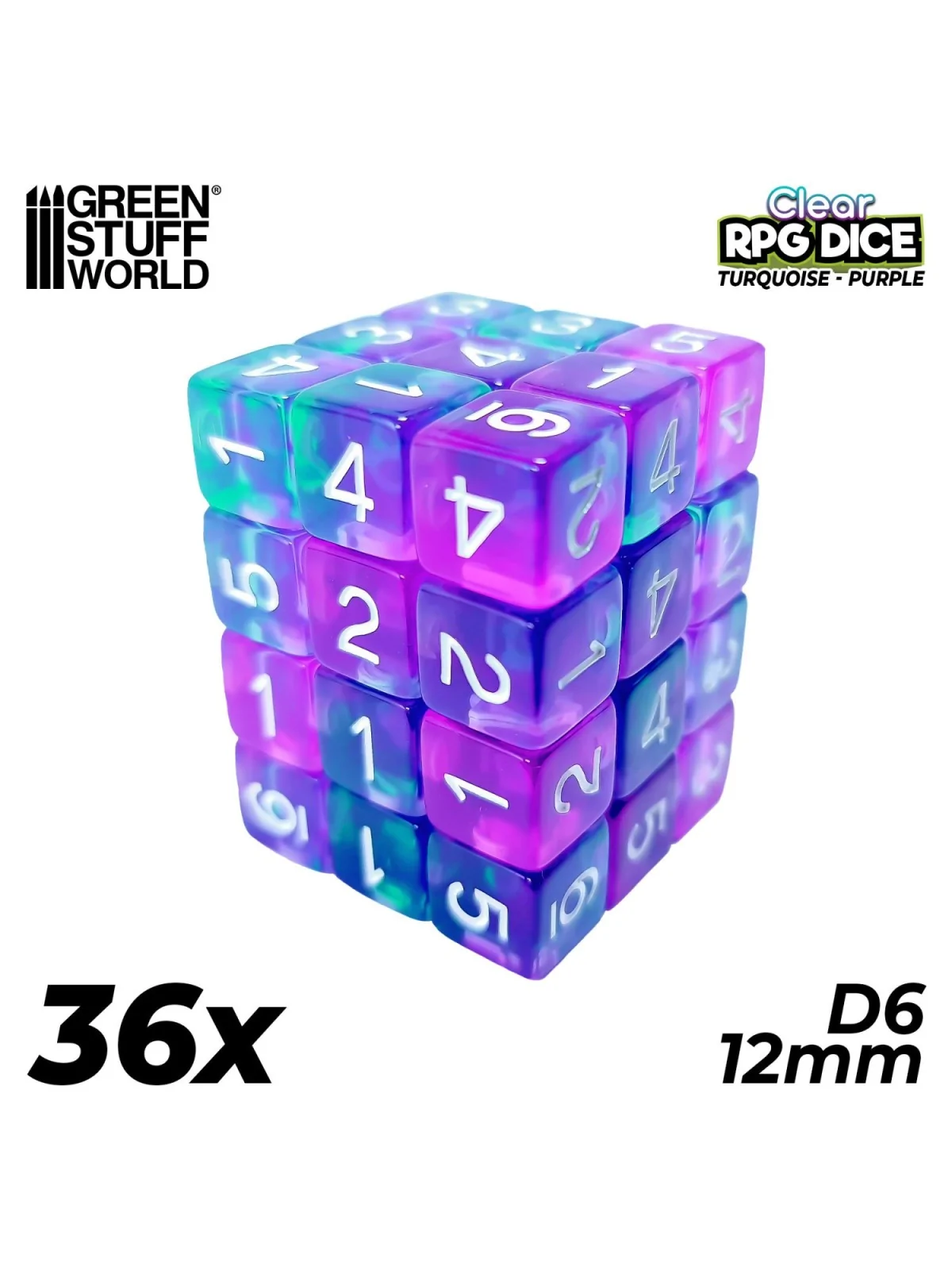 36 Dados D6 12mm: Turquesa/Lila Transparente de Green Stuff World en Dados | La Cueva Roja