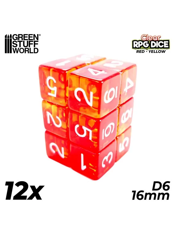12 Dados D6 16mm: Rojo/Amarillo Transparente de Green Stuff World en Dados | La Cueva Roja
