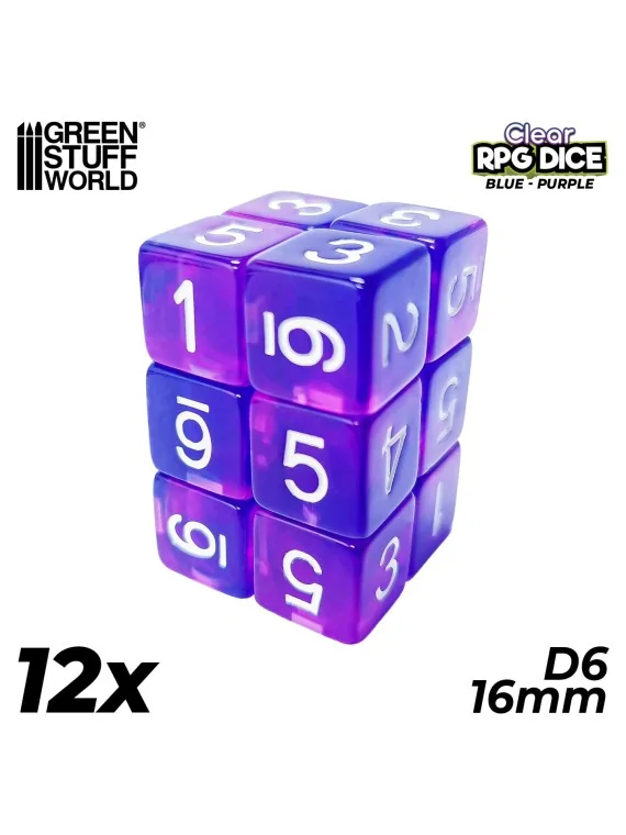 12 Dados D6 16mm: Azul/Lila Transparente de Green Stuff World en Dados | La Cueva Roja
