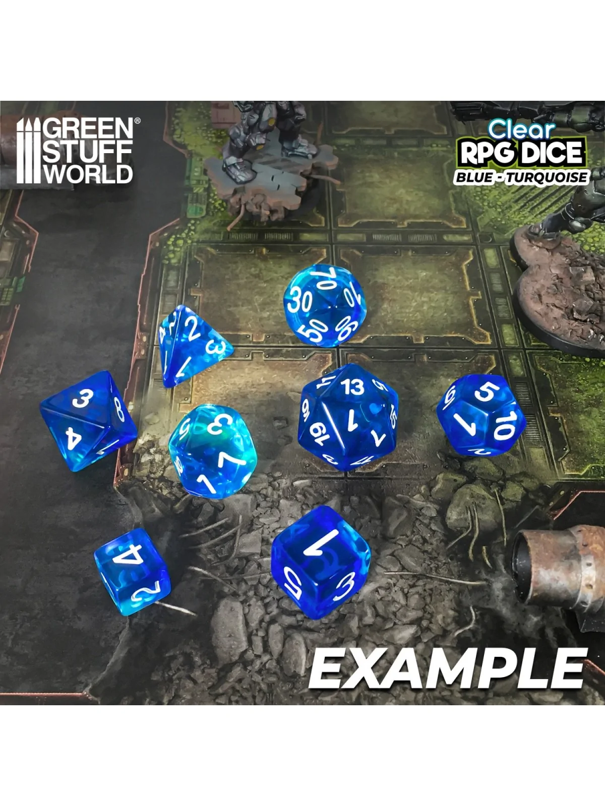 12 Dados D6 16mm: Azul/Turquesa Transparente de Green Stuff World en Dados | La Cueva Roja