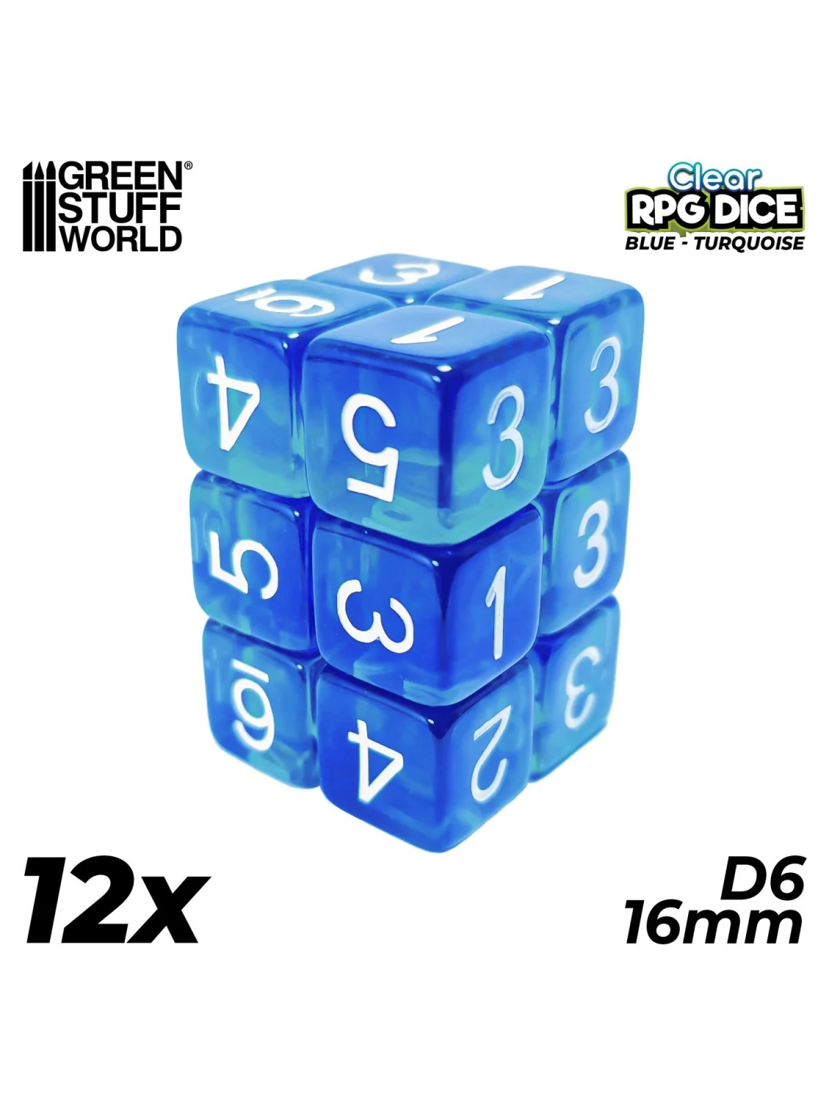 12 Dados D6 16mm: Azul/Turquesa Transparente de Green Stuff World en Dados | La Cueva Roja