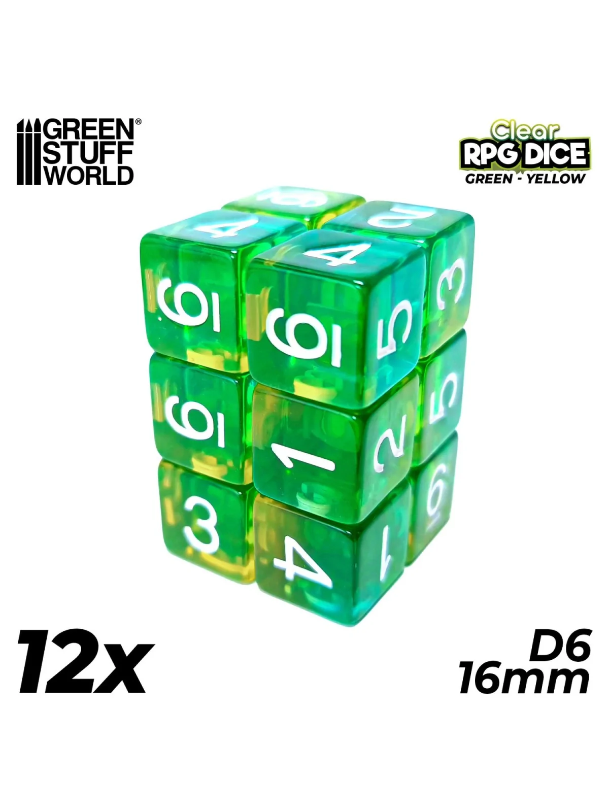 12 Dados D6 16mm: Verde/Amarillo Transparente de Green Stuff World en Dados | La Cueva Roja