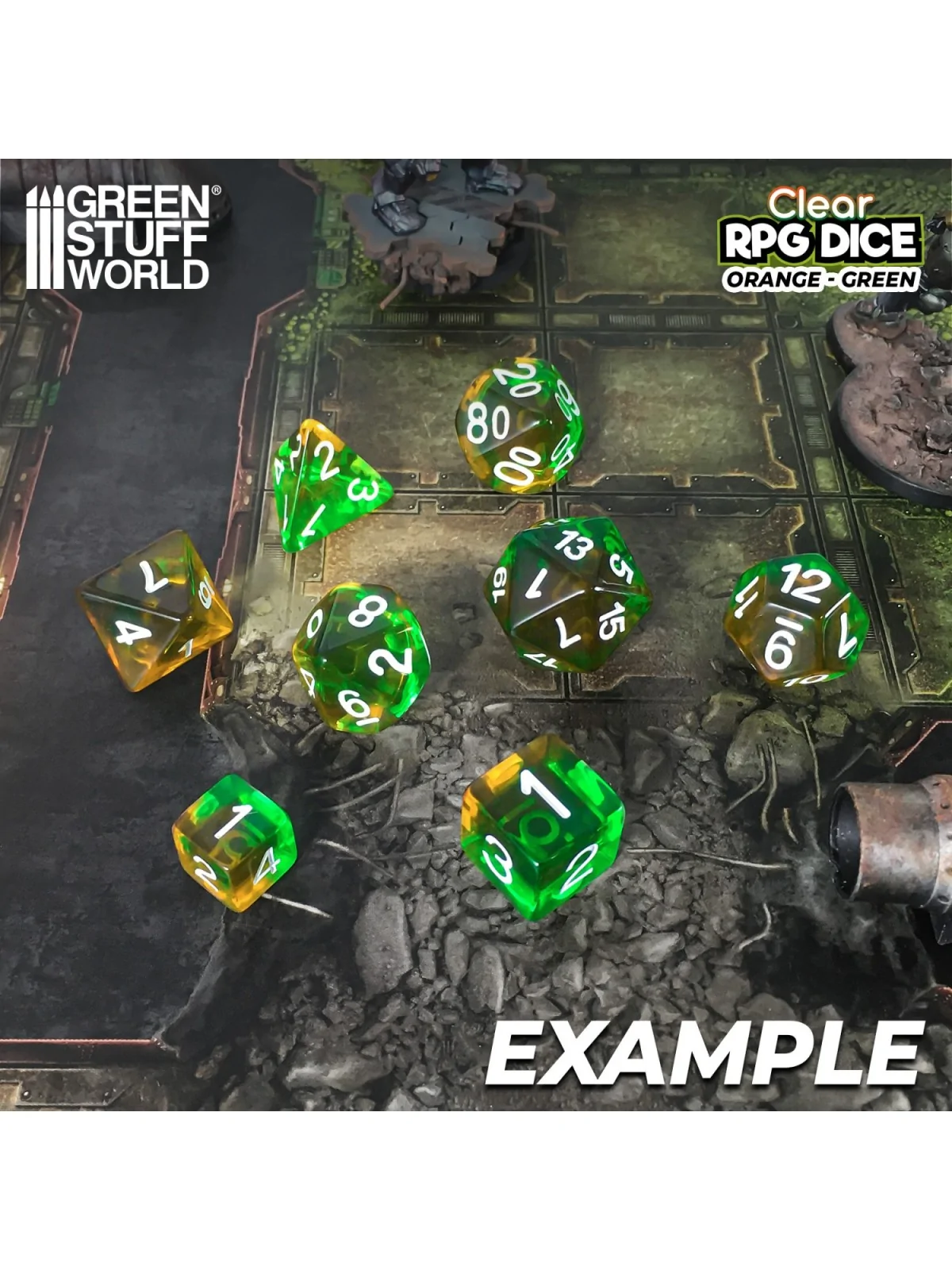 12 Dados D6 16mm: Naranja/Verde Transparente de Green Stuff World en Dados | La Cueva Roja