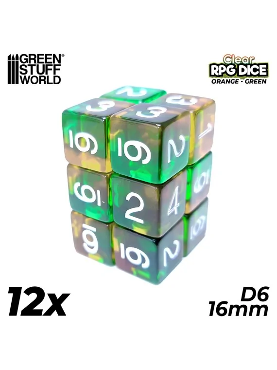 12 Dados D6 16mm: Naranja/Verde Transparente de Green Stuff World en Dados | La Cueva Roja