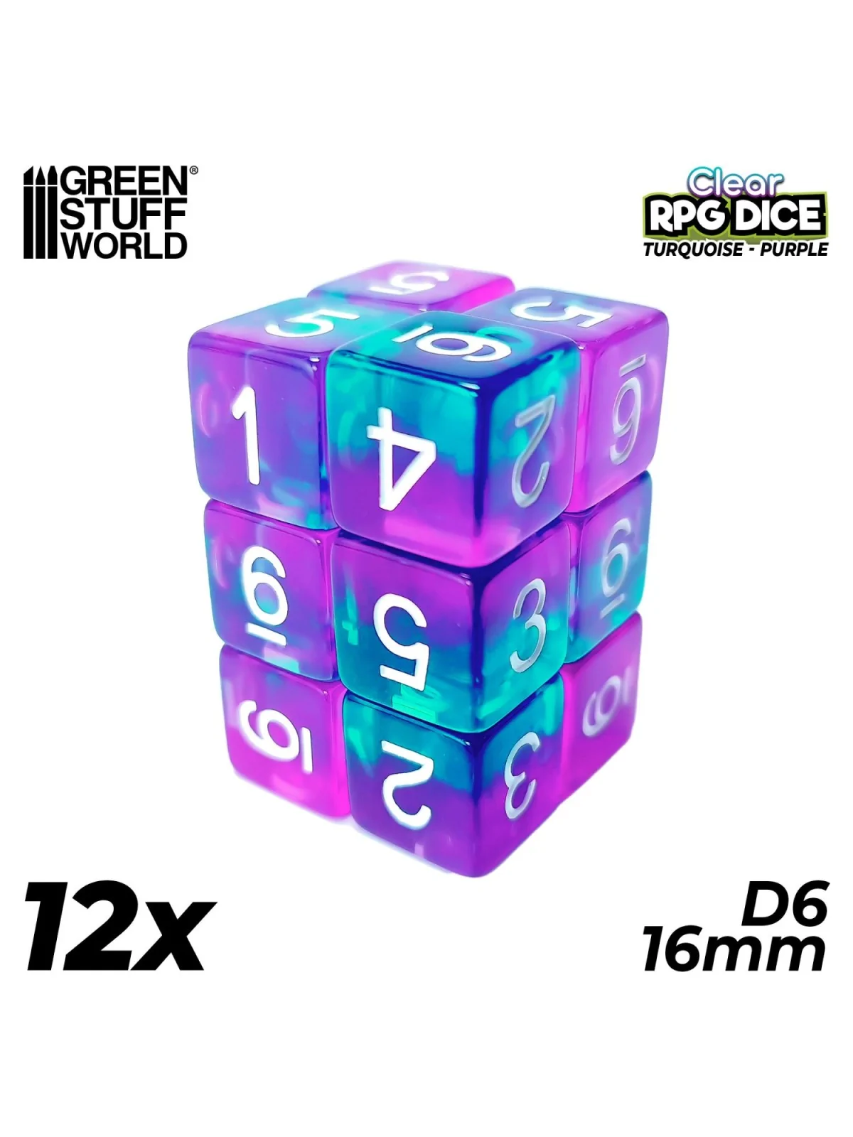 12 Dados D6 16mm: Turquesa/Lila Transparente de Green Stuff World en Dados | La Cueva Roja