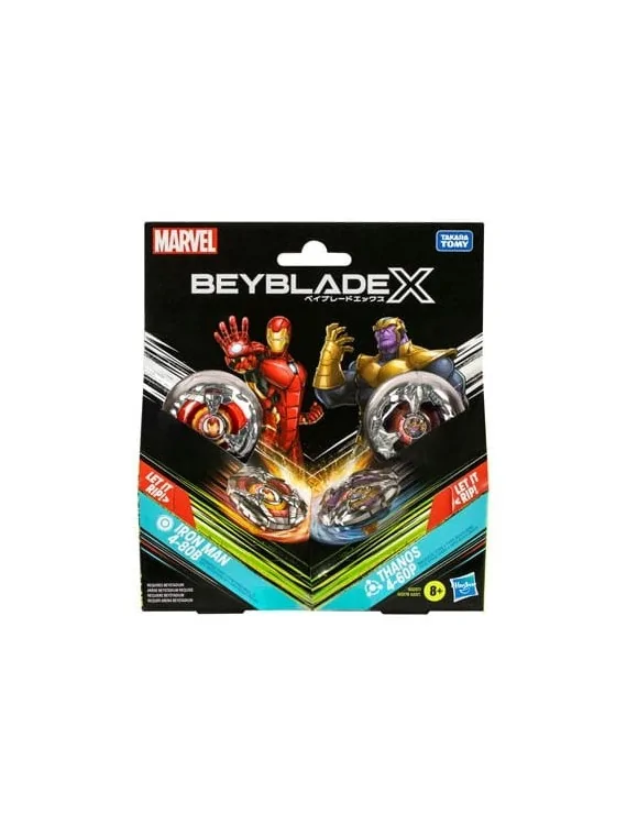 Beyblade X: Colaboración con Marvel, Set Iron Man 4-80B vs. Thanos 4-60P de Hasbro en Beyblade X | La Cueva Roja