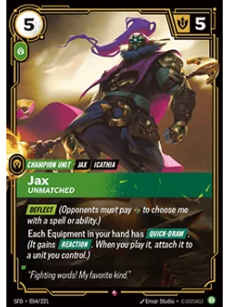 Jax, Unmatched (V.1 - Rare) de Riftbound en 02 - Spiritforged | La Cueva Roja