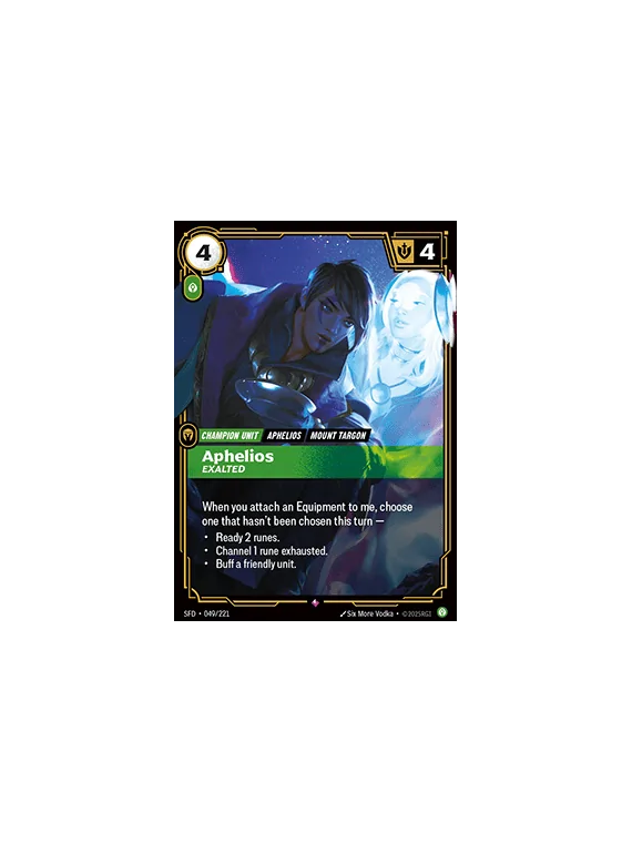 Aphelios, Exalted (V.1 - Rare) de Riftbound en 02 - Spiritforged | La Cueva Roja