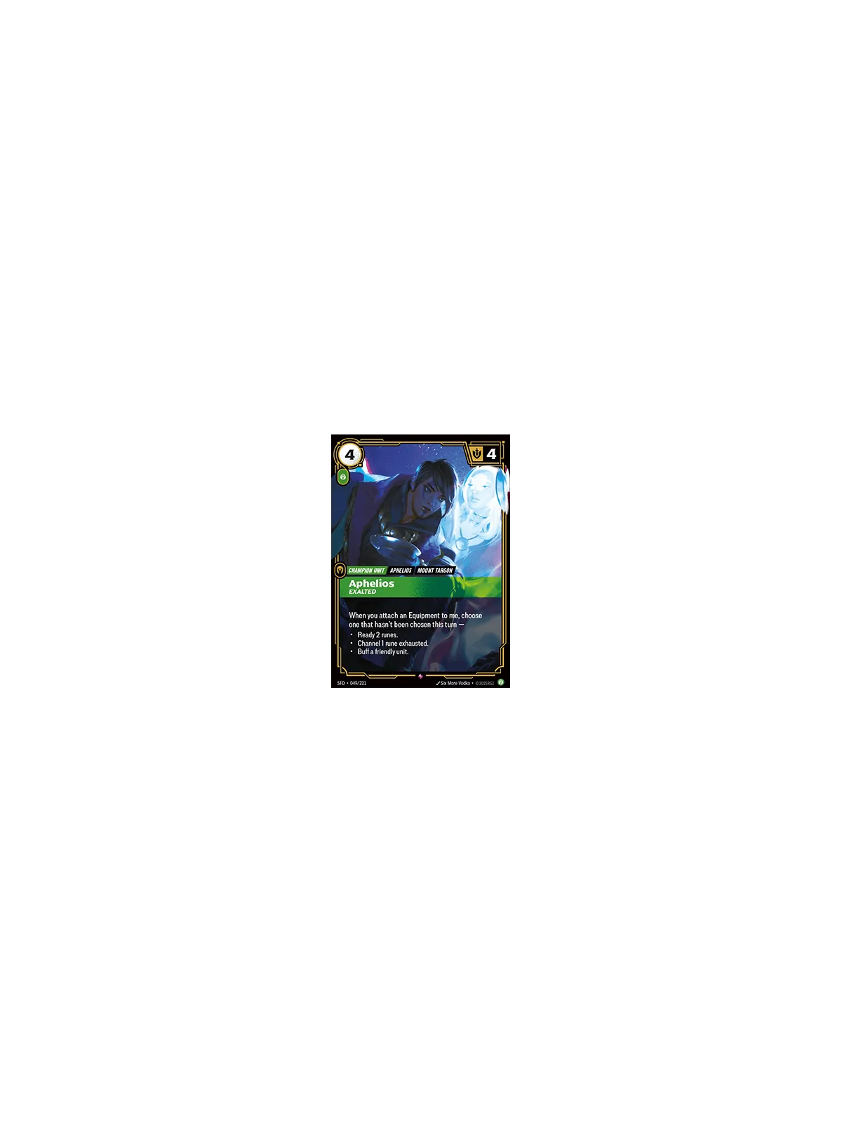 Aphelios, Exalted (V.1 - Rare) de Riftbound en 02 - Spiritforged | La Cueva Roja